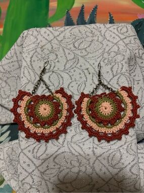 Boho Crochet Floral Hoop Earrings - Pink, Green & Rust